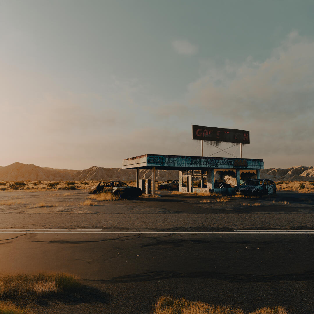 Abandoned gas station environment render